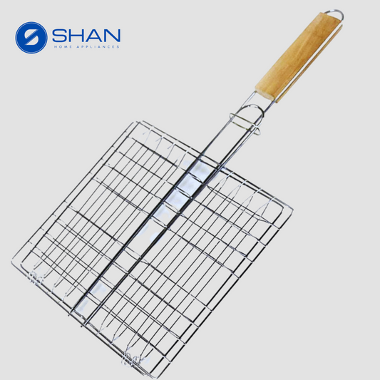 Shan Gas Barbecue Grill Basket with Wood Handle Stainless Steel Wire Net Basket Portable Cooking Fish Meat Kabab Tools for Outdoor Picnic Camping Bonfire Party