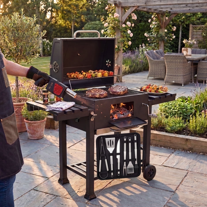 Premium Heavy-Duty Charcoal BBQ Grill with Adjustable Charcoal Tray & Side Shelves