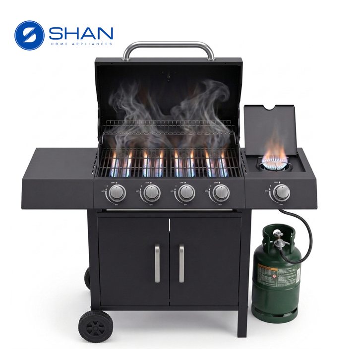 Premium 4+1 Burner Gas BBQ Grill with Side Burner & Storage Cabinet
