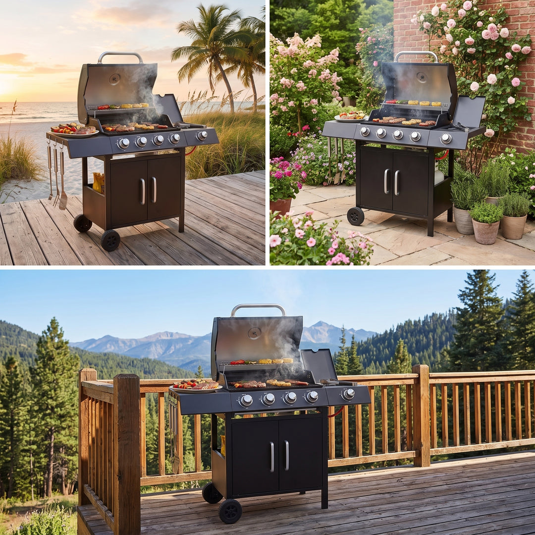 Premium 4+1 Burner Gas BBQ Grill with Side Burner & Storage Cabinet