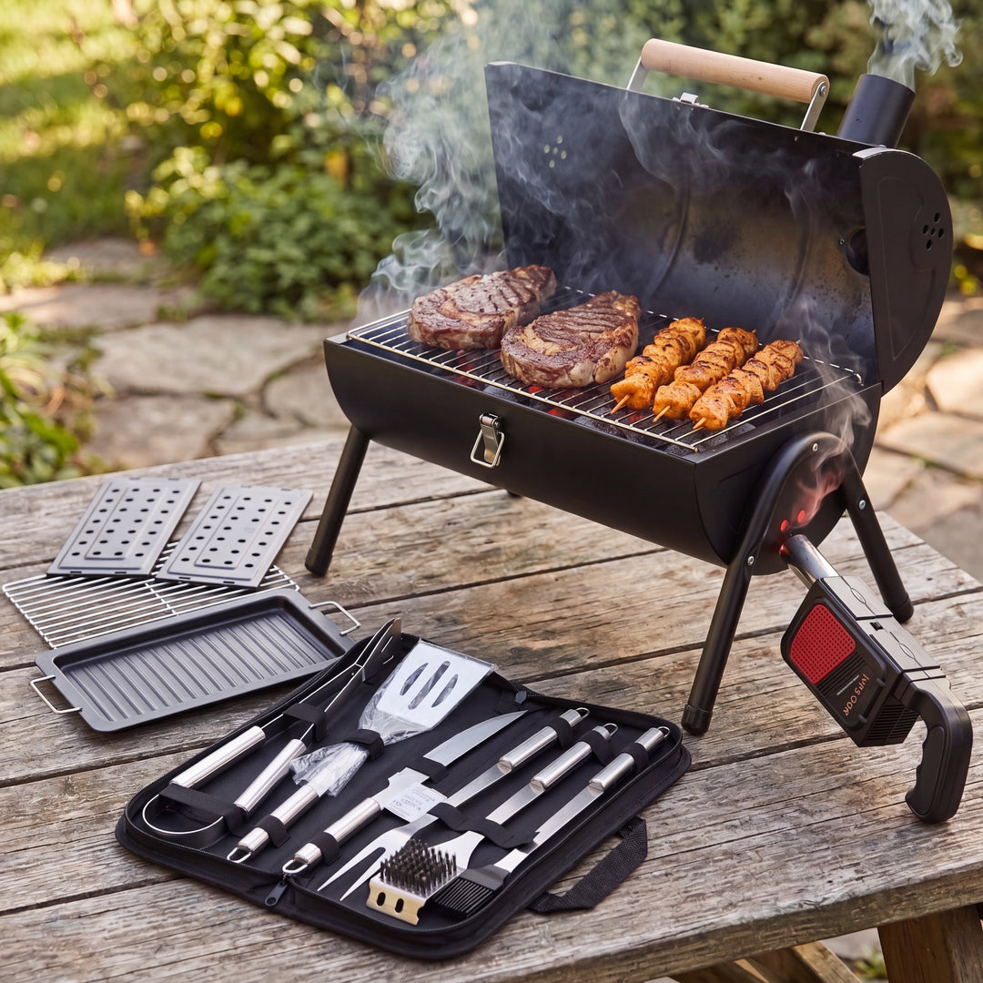 Portable Mini Barrel Charcoal BBQ Grill (40.5cm*38cm) – Tabletop Smoker with Wooden Carry Handle & Dual Cooking Grates