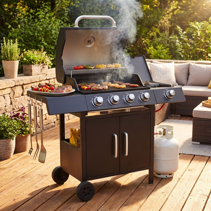 Premium 4+1 Burner Gas BBQ Grill with Side Burner & Storage Cabinet