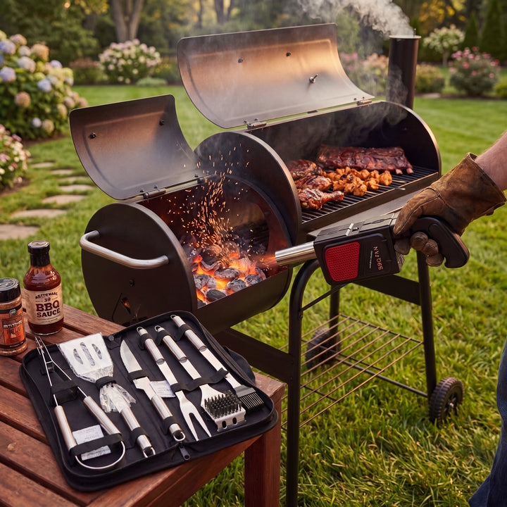 Outdoor Charcoal BBQ Grill & Smoker Combo with Storage Rack & Wheels