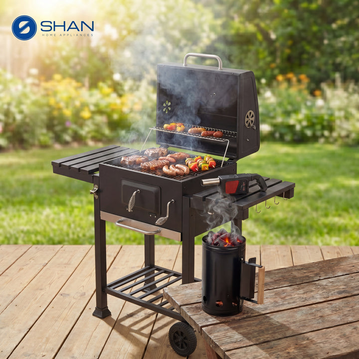 Courtyard Trolley Charcoal BBQ Grill with Lid, Side Shelves & Wheels – Outdoor Barbecue