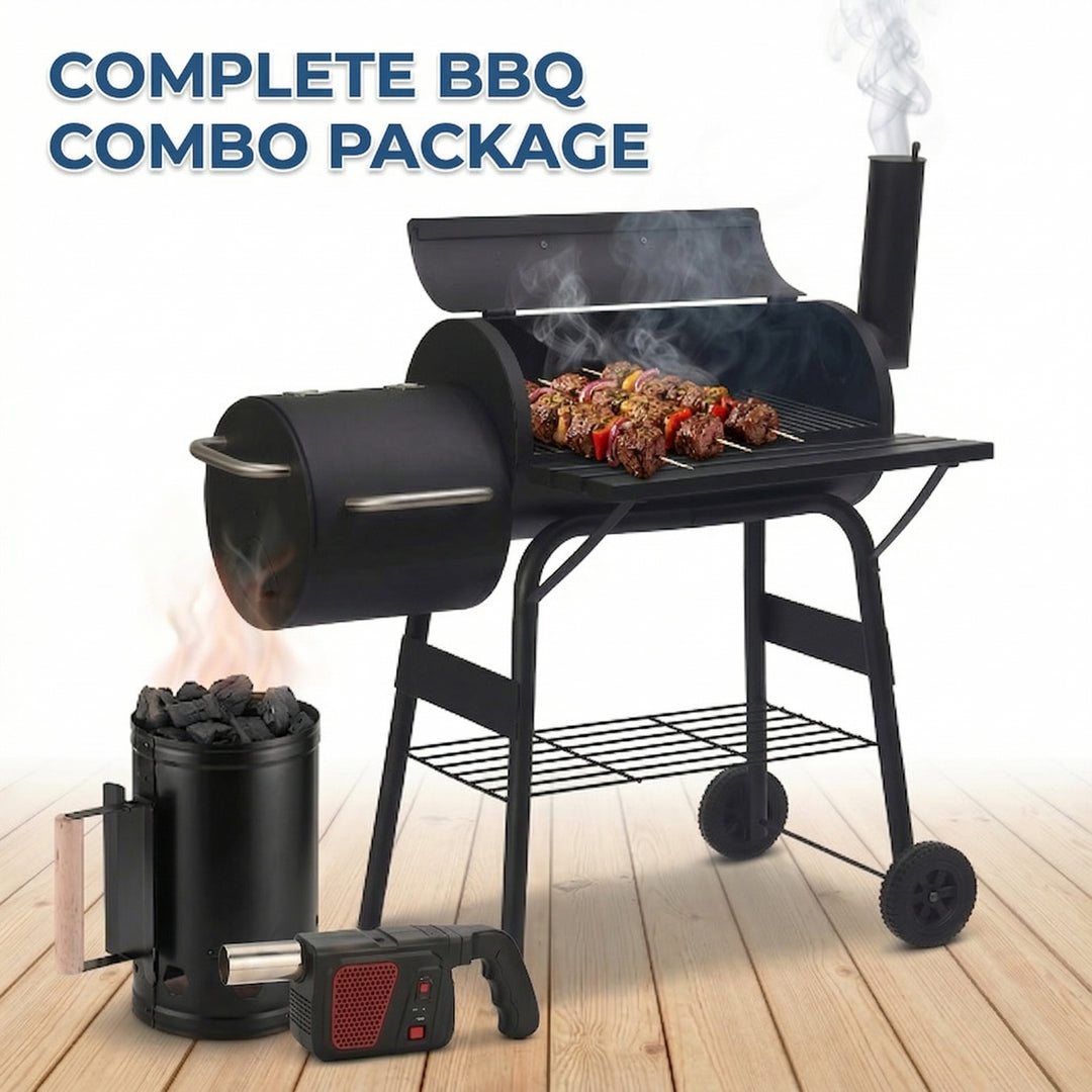 Charcoal BBQ Smoker Grill with Offset Firebox & Wheels – Outdoor Barrel Barbecue