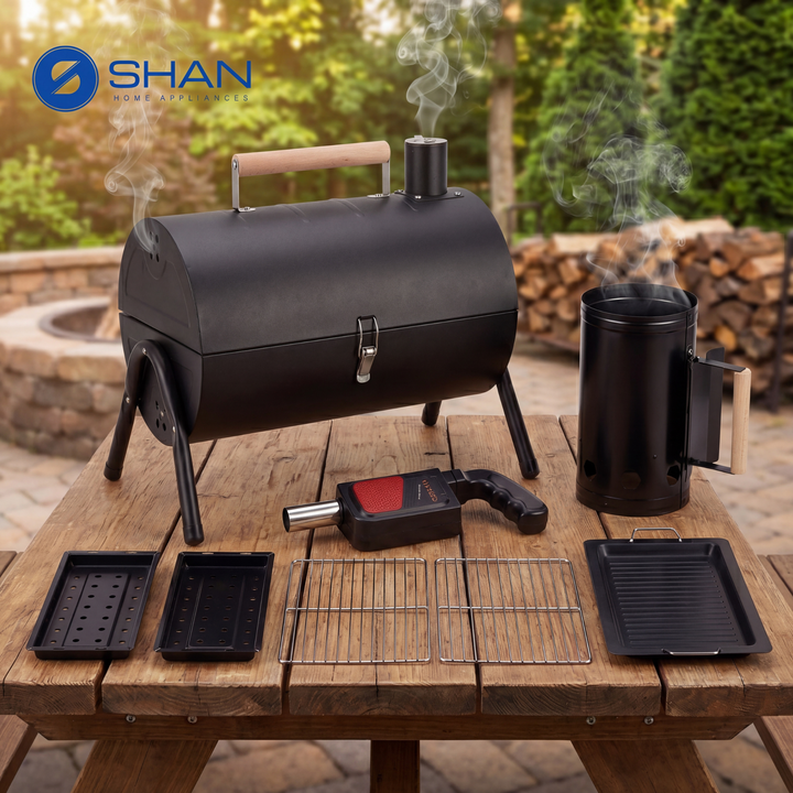 Portable Mini Barrel Charcoal BBQ Grill (40.5cm*38cm) – Tabletop Smoker with Wooden Carry Handle & Dual Cooking Grates