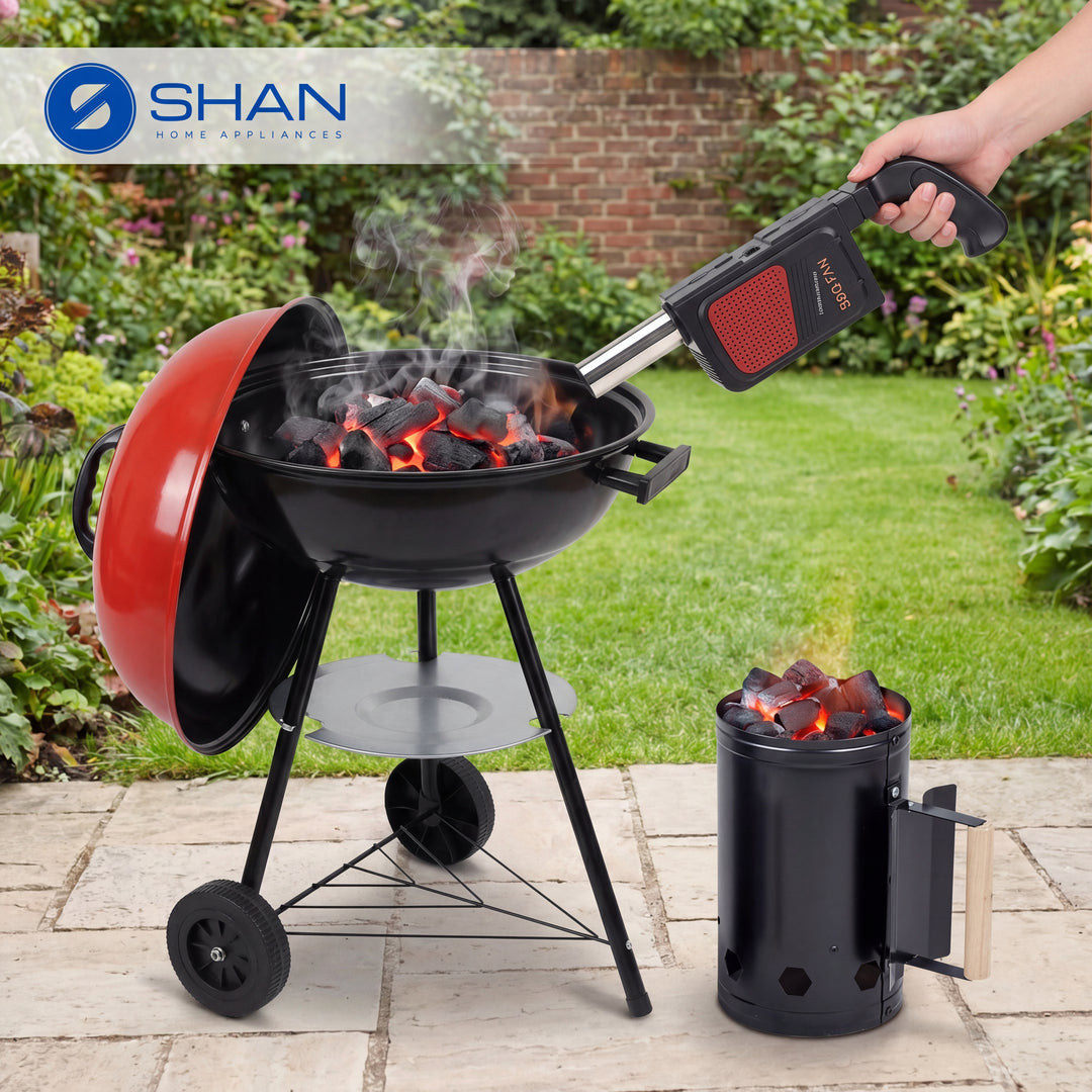 Portable Kettle Charcoal BBQ Grill (43cm) – Classic Red Round Barbecue Station with Wheels & Ash Catcher